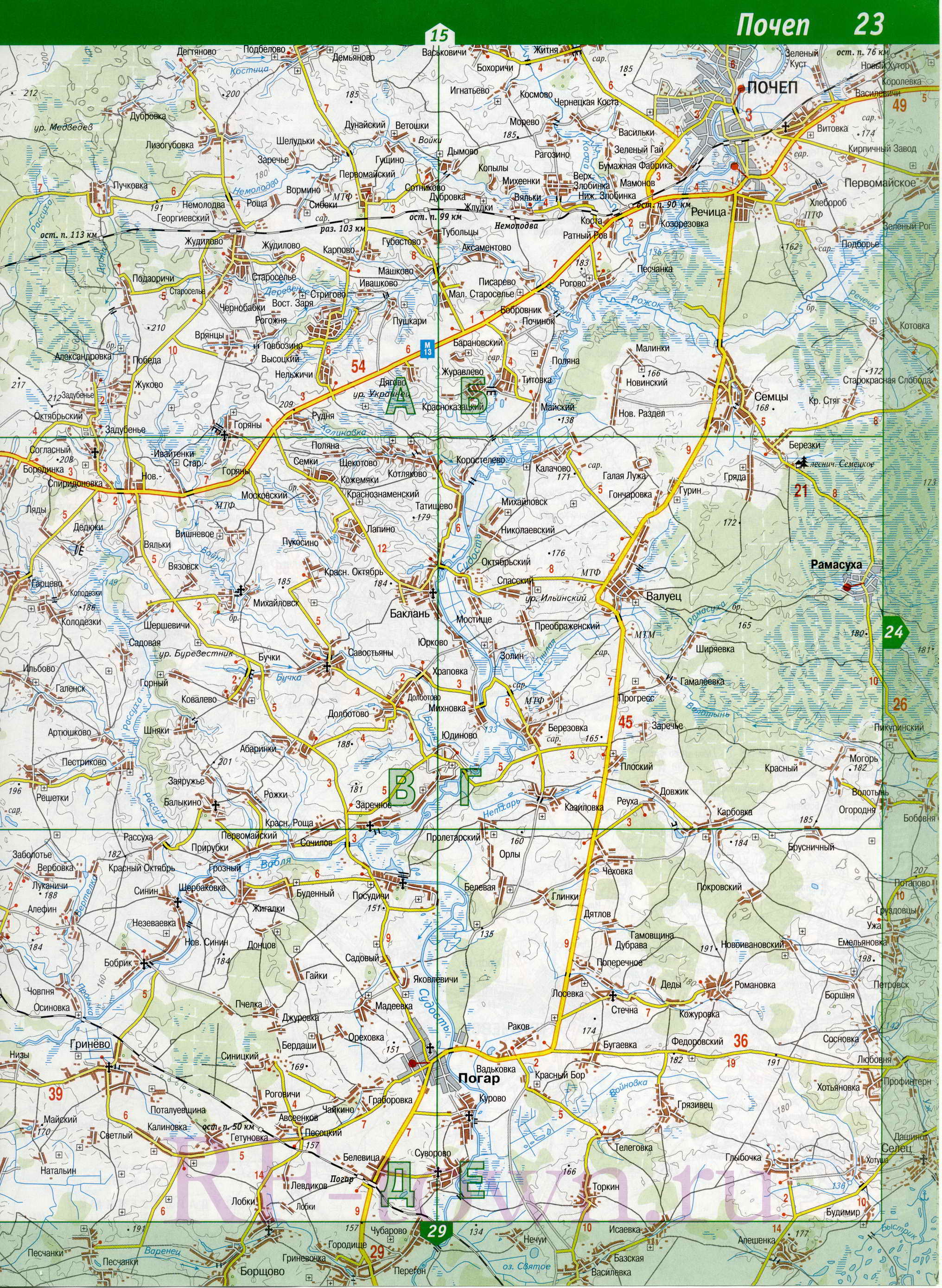 Карта Почепского района Брянской области. Подробная карта - Почепский район, A1 - 